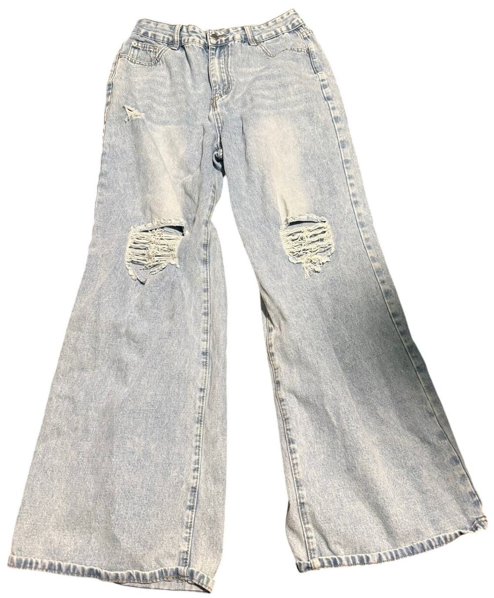 Mica Light Wash Distressed Wide Leg Jeans, High Rise, Women's Size Large